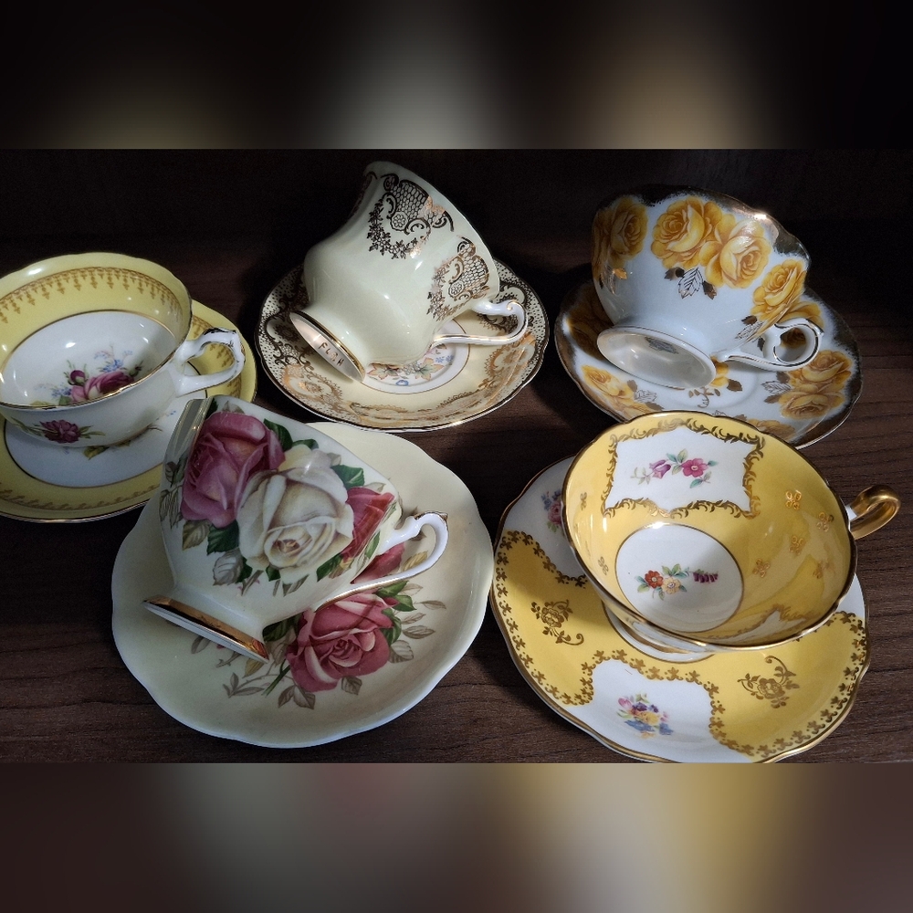Set Of 5 YELLOW theme Floral Elegant Teacup Sets